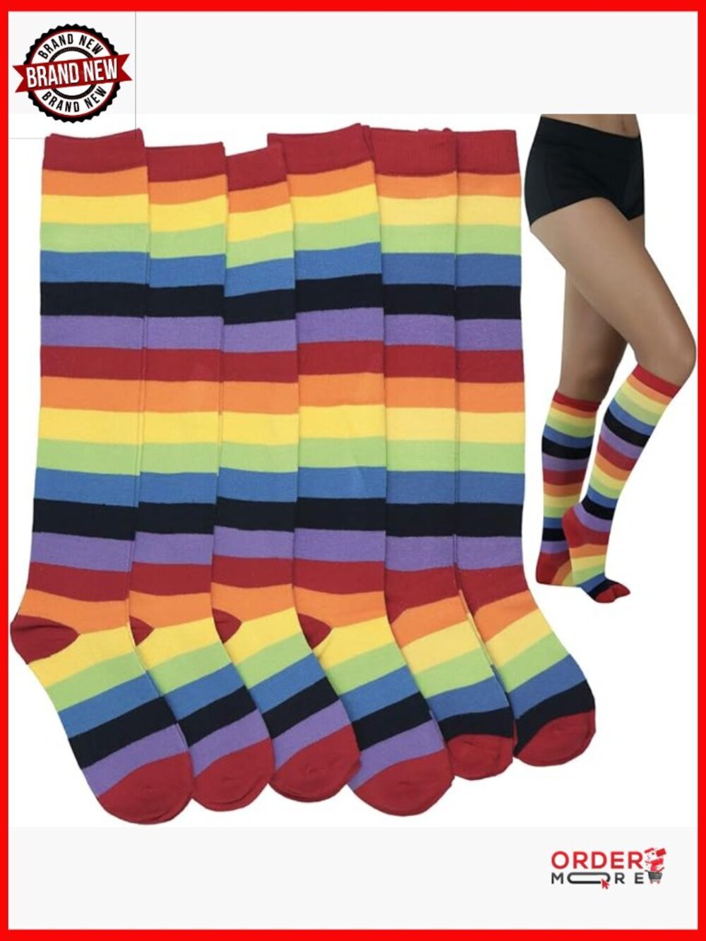 Pack of 6 Striped Knee High Socks Thigh Highs